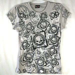 Harley Davidson Womens Size L Sublimated Skulls Print Shirt Gray